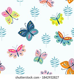 
Seamless vector pattern with the image of bright butterflies and floral elements. Trendy background and template for printing on children's fabrics. Hand drawn digital illustration