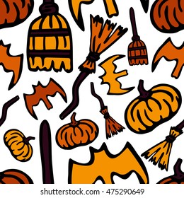Seamless vector pattern with the image of a broom, bat and pumpkin. Holiday Halloween. Handmade. It can be used for packaging, invitations, postcard holiday, fabrics and textiles, etc.