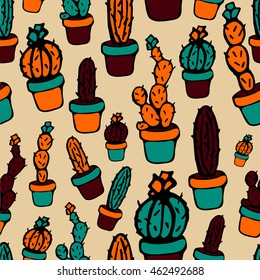 Seamless vector pattern with the image of cactus in a pot. Handmade. It can be used for packaging, invitations, postcard holiday, fabrics and textiles, etc.