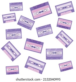 Seamless vector pattern with the image of cassette on a white background.