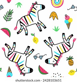 seamless vector pattern image design colorful cute animal, zebra, watermelon, rainbow, glasses, ice cream and more