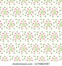 Seamless vector pattern with the image of figures eight of leaves, pink hearts on a white background. Festive by March 8 illustration, textured. Beautiful tiles, packaging, textiles, cards, wallpaper 