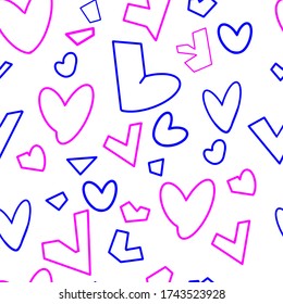Seamless vector pattern with the image of geometric hearts using pink and blue colors.