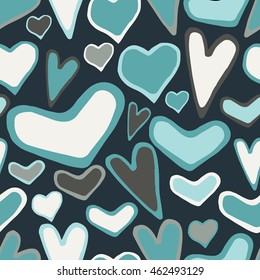 Seamless vector pattern with the image of hearts in different colors and shapes. Handmade. It can be used for packaging, invitations, postcard holiday, fabrics and textiles, etc.