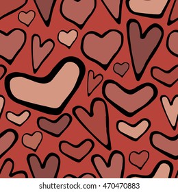 Seamless vector pattern with the image of hearts in different colors and shapes. Handmade. It can be used for packaging, invitations, postcard holiday, fabrics and textiles, etc
