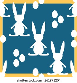 Seamless vector pattern with the image of the paper's white rabbit and eggs on a blue background.