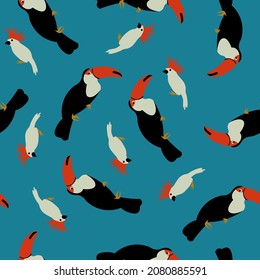 seamless vector pattern with the image of parrots and toucans for prints on fabrics, packaging, bedding and background design in children's cartoon style