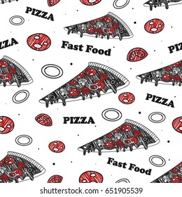 Seamless vector pattern with the image of pizza. Doodle. Fast food hand drawn