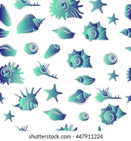 Seamless vector pattern with the image seashells. Graphic. The gradient transition of colors