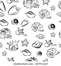 Seamless vector pattern with the image seashells. Graphic, black and white.