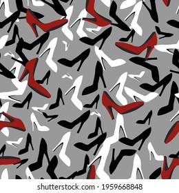 seamless vector pattern with the image of women's shoes in black white and red for the design of the interiors of retail space and for prints on fabric or packaging