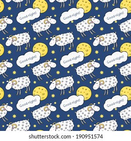 Seamless vector pattern with images cute sheep on background night sky with moon and wish good night