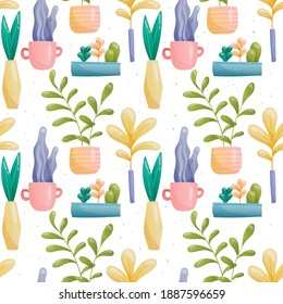 Seamless vector pattern of images of domestic fairy fantastic plants in pots and vases of various unusual shapes and bright colors with reflection. Large and small leaves painted in gradient, cacti.