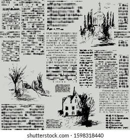 Seamless vector pattern. Imitation of a abstract vintage newspaper. Unreadable text.