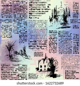 Seamless vector pattern. Imitation of a abstract vintage newspaper. Unreadable text.