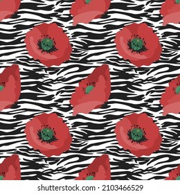 Seamless vector pattern imitation skins of zebra and flowers of poppies. Floral pattern with animal print.