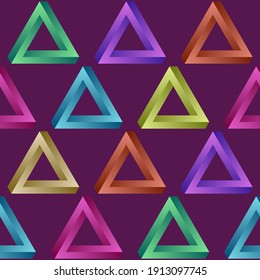 Seamless vector pattern with impossible gradient color triangles. Penrose optical illusion. Colorful  background. Vector illustration.