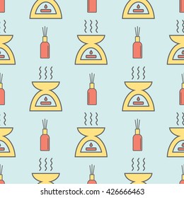 Seamless vector pattern with incense, agarbathi (agarbatti), bukhoor (bakhoor), aromatherapy, diffuser, essential oil, candle, reed diffuser.