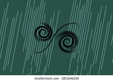 Seamless vector pattern with inclined lines on background and abstract spirals, soft green and blue colors with black figures on foreground.