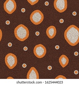 Seamless vector pattern including ethnic Australian motive with colorful dotted ovals and circles on dotted background