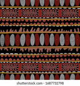 Seamless vector pattern including ethnic Australian motive with colorful dotted different shapes and elements on black background