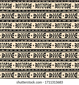 Seamless vector pattern including ethnic Australian motive with black dotted leaves and other elements on white background