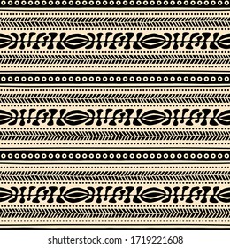 Seamless vector pattern including ethnic Australian motive with black dotted leaves and other elements on white background