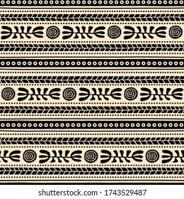 Seamless vector pattern including ethnic Australian motive with black dotted leaves and other elements on white background
