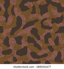 Seamless vector pattern including ethnic Australian motifs with colorful dotted different shapes and elements on brown background