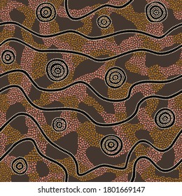 Seamless vector pattern including ethnic Australian motive with colorful dotted different shapes and elements on brown background