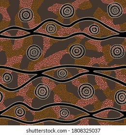 Seamless vector pattern including ethnic Australian motive with colorful dotted different shapes and elements on brown background