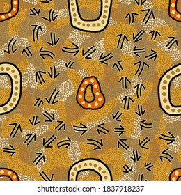 Seamless vector pattern including ethnic Australian motive with different figures and elements on colorful dotted background