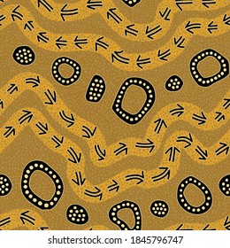 Seamless vector pattern including ethnic Australian motive with different figures and elements on colorful dotted background