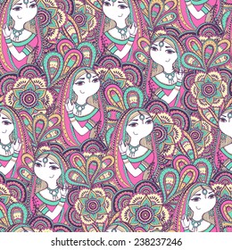 Seamless vector pattern with Indian girl.