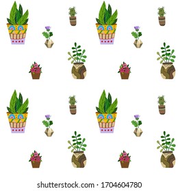 Seamless vector pattern of indoor plants in pots. Flowers of gorani, violets, aloe, ficus isolated on white background. Cute cozy design of home floriculture, female hobby, natural flora.