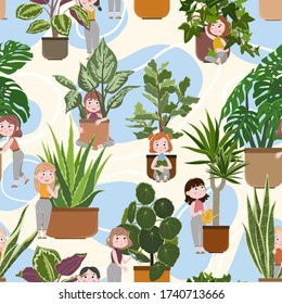 Nahtlose Vektormuster mit Innenpflanzen und süßen Mädchen. Dieffenbachie, Dracaena, Monstera, Efeu, Aloe Vera, Sansevieria, Palm yucca, Fikus, Pylea, Kalathea, Feigen