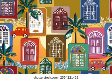 Seamless vector pattern with Indo-Portuguese windows, retro cars, tropical palms, and ornate floral details. Vibrant and cultural, ideal for textiles, wallpapers, and travel-themed projects