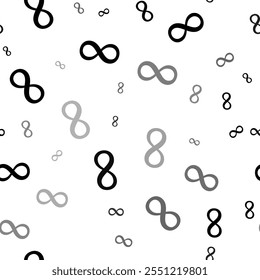 Seamless vector pattern with infinity symbols, creating a creative monochrome background with rotated elements. Vector illustration on white background