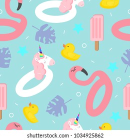 Seamless vector pattern with an inflatable flamingo and unicorn, ice cream and duck on a blue background. Summer bright pattern for textiles, things, fabric, wrapping paper.