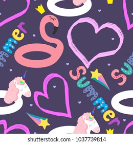 Seamless vector pattern with an inflatable flamingo and unicorn and hearts. Summer bright pattern for textiles, fabric, wrapping paper.