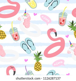 Seamless vector pattern with inflatable flamingos, unicorns, pineapple, cocktails and other elements. Summer cute pattern.