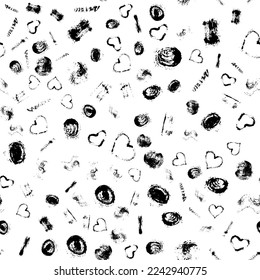 Seamless vector pattern with ink blots, lines, circles and hearts in grunge style. Texture for postcards for Valentine's Day, wedding
