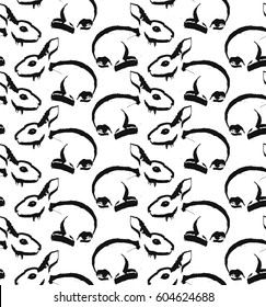 Seamless vector pattern with ink drawing rabbits with splashes and blots. Abstract hand craft grunge splattered ornament. Drawn texture for wallpaper, wrapping paper, background, texture, pattern fill