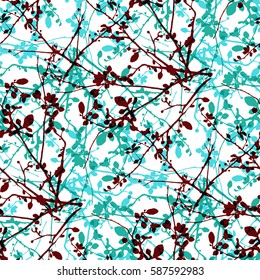 A seamless vector pattern with ink drawings of intersecting tree branches with buds and leaves, in teal blue and brown