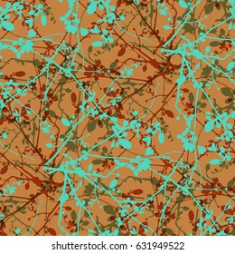 A seamless vector pattern with ink drawings of intersecting tree branches with buds and leaves, in teal blue and brown