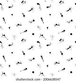 Seamless vector pattern of ink drops, stains and splashes. Abstract black and white splatter texture. Contrast grunge print for textiles, paper, wallpaper, advertising, fabric, interior decor.