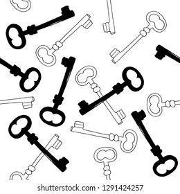 A Seamless Vector Pattern With Ink Hand Drawn Skeleton Keys, In Black And White