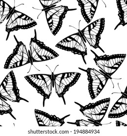 Seamless vector pattern with ink hand drawn butterflies isolated on white