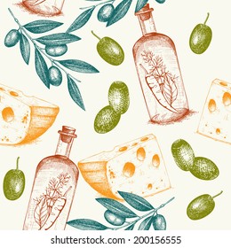 Seamless Vector Pattern With  Ink Hand Drawn Traditional Italian Food - Olive, Olive Oil, Cheese. Vintage Olive Background