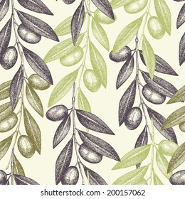 Seamless vector pattern with  ink hand drawn olive tree twigs isolated on white. Vintage olive background